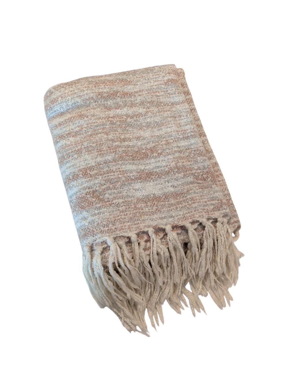 West Elm Cream Tan Soft Textured Throw Blanket Fringe Trim Cozy Warm
